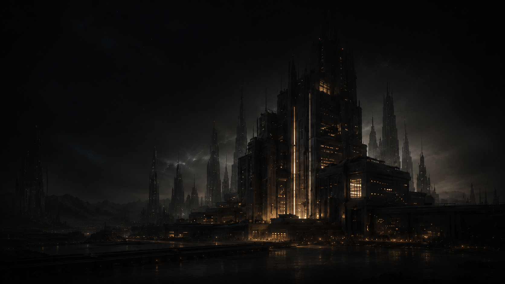 A monumental art deco citadel of dark stone and gold light rising over a midnight bay.