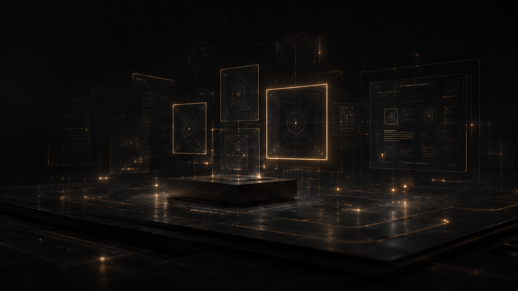 Floating holographic wireframes and prototype panels arranged above a dark stage.