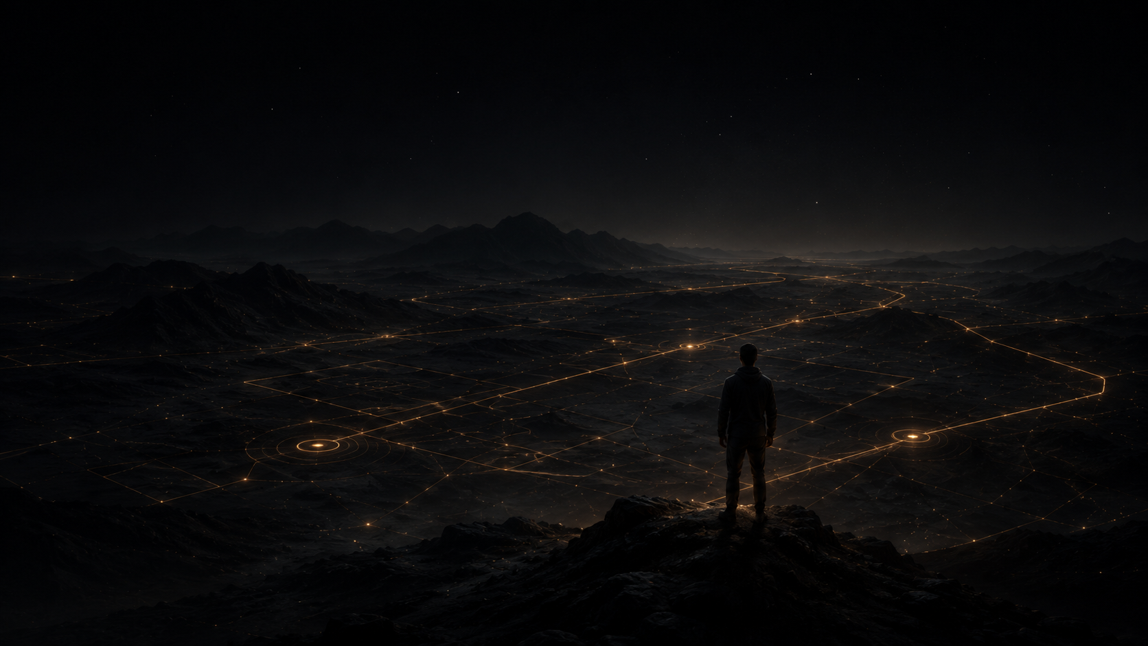 A figure on a ridge above a valley laced with glowing network lines.