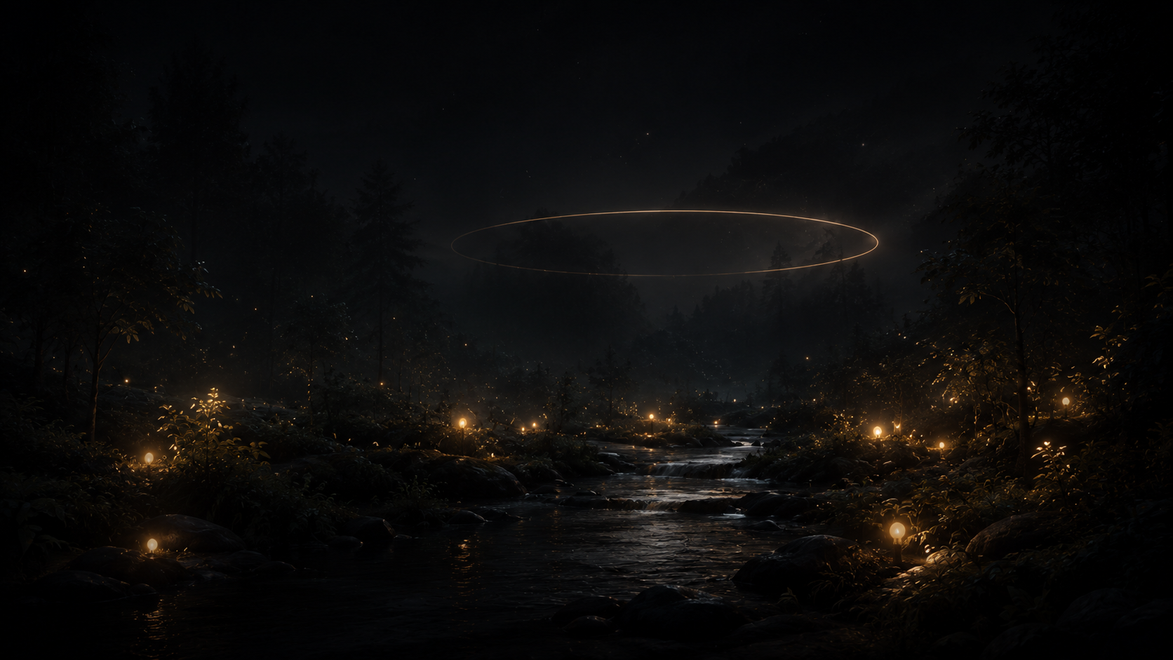 A glowing ring suspended above a moonlit forest stream lined with lanternlike lights.